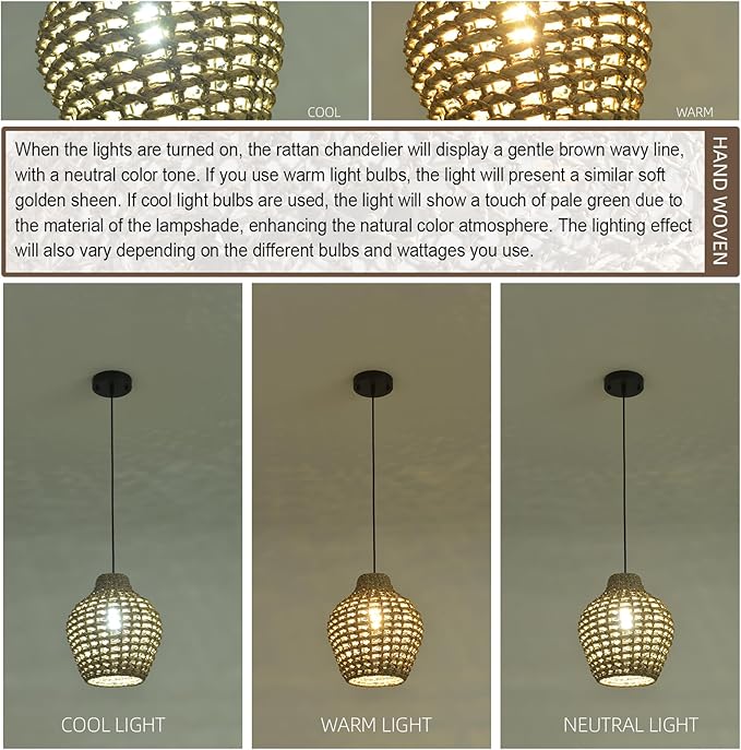 2-Pack Rattan Pendant Light 10.24" Boho Small Hand-Woven Lighting Modern Wicker Coastal Adjustable Rattan Chandelier for Kitchen Island Dining Room Bedroom Restaurant Foyer Farmhouse