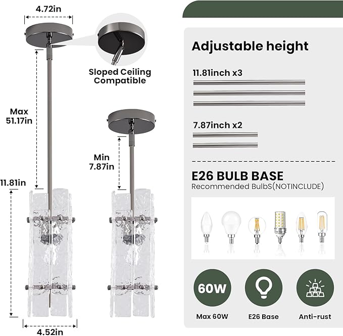 Modern Crystal Pendant Light for Kitchen Island, Pearl Black Luxury Mini Water Ripple Glass Chandelier Lights Fixture, Square Adjustable Hanging Pendant Lighting for Dining Room Bedroom (3-Pack)