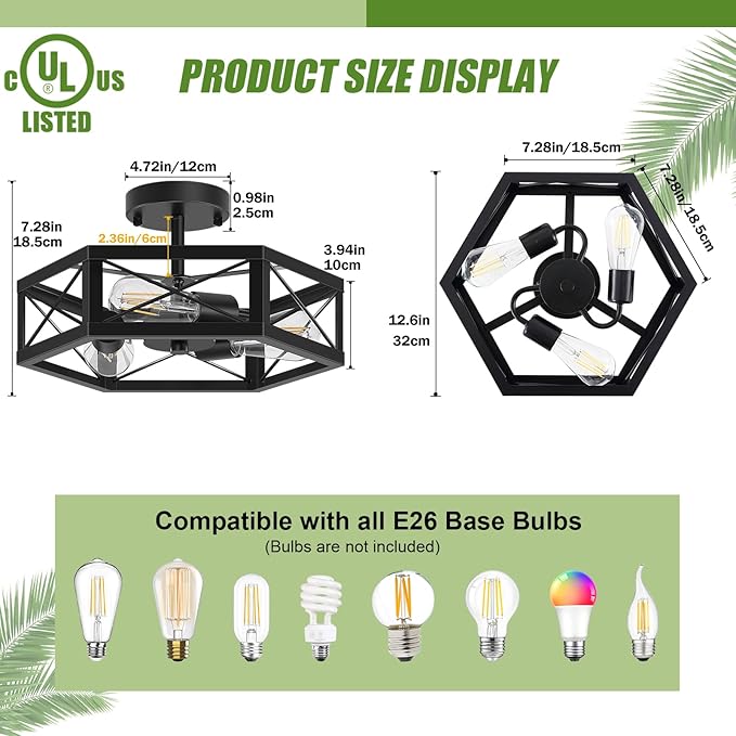 3-Light Kitchen Lighting Fixtures Ceiling Mount, Black Semi Flush Mount Ceiling Light for Dining Room Light Fixture, Farmhouse Close to Ceiling Lights with Hexagon Cage for Bedroom Hallway