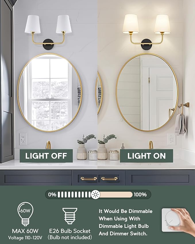 2-Light Bathroom Light Fixtures, Black and Gold Vanity Lights, Double Wall Sconce with Flared White Fabric Shade, Modern Sconces Wall Lighting for Hallway Bedroom Stairway, VL837-KG-2