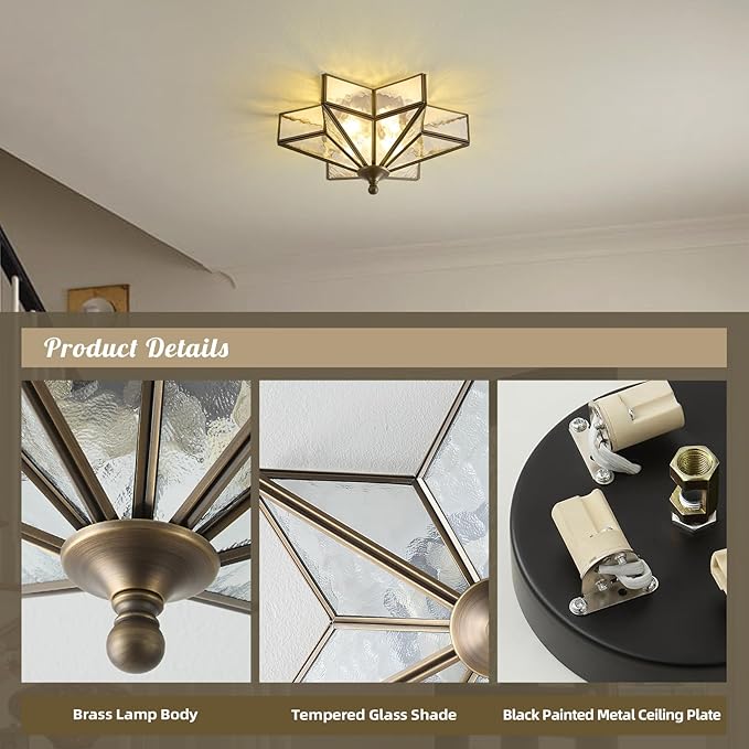 Star Vintage Bronze Ceiling Light - 12.2 in Small Hammered Glass Antique Flush Mount Fixture - Mid Century Black Art Deco Lighting for Kitchen Hallway Bedroom Bathroom Laundry Entryway Farmhouse Hall