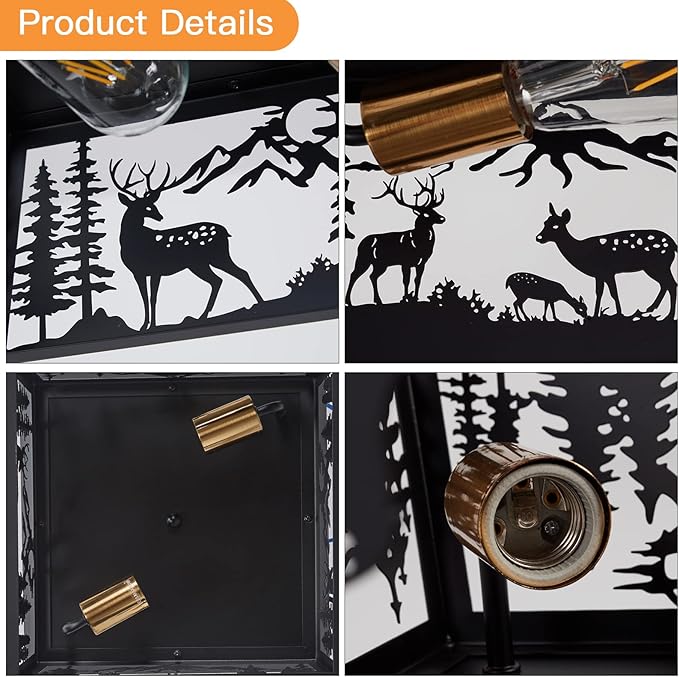 Farmhouse Rustic Deer Flush Mount Ceiling Light Fixture, Metal Wildlife Light Fixtures for Log Cabin Living Room, Kitchen, Bedroom, Balcony, and Outdoor Porch Lighting (Bulbs Not Included)