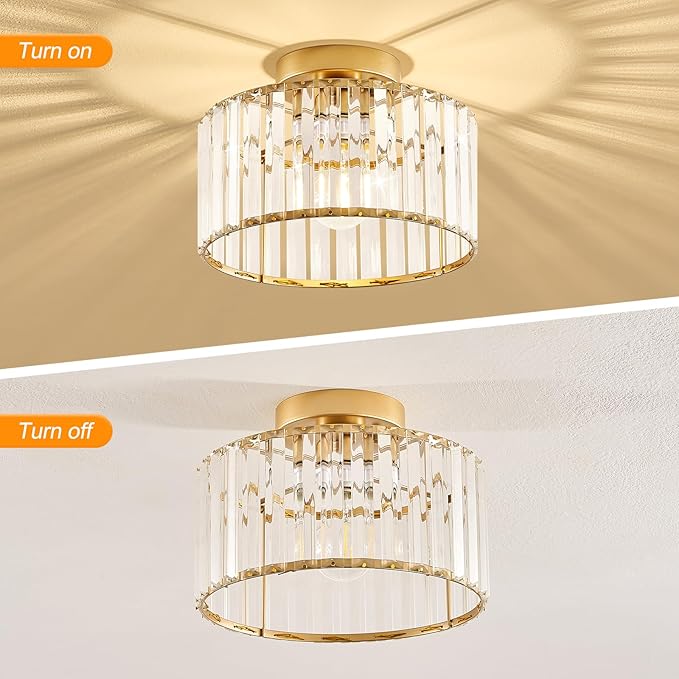 Crystal Gold Semi Flush Mount Ceiling Light Modern Hallway Light Fixture Metal Close to Ceiling Lamp for Kitchen Living Room Bathroom Entryway Bedroom(10.63 inch)