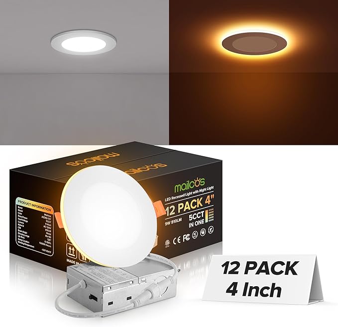 MAILCOS 12 Pack 4 Inch 5CCT LED Recessed Ceiling Light with Night Light, 2700K-5000K Selectable, Ultra-Thin Lighting, 9W 810LM, Dimmable Canless Wafer Downlight ETL Certificated