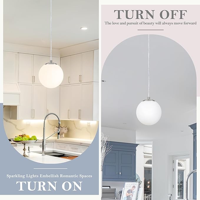 KoKo&Yukina 6 Inch Globe Pendant Light Nickel Globe Pendant Lights Kitchen Island Mid Century Light Fixture with Milky White Glass Shade for Dining Room Living Room