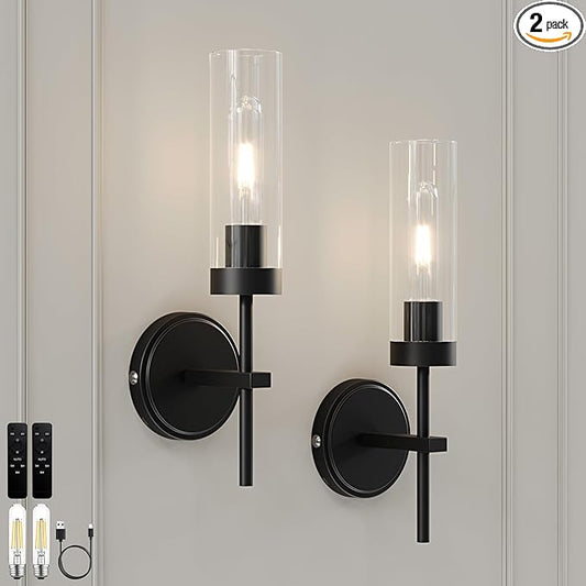 Black Battery Operated Wall Sconce Set of 2, Wireless Wall Sconces with Remote Control, Rechargeable 3000K Dimmable Wall Light for Bedroom Living Room Bathroom Hallway Entryway Stairwell