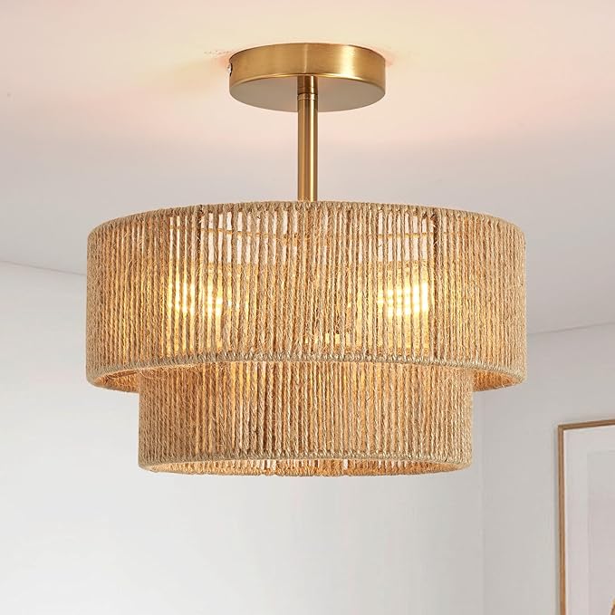 Boho Semi Flush Mount Ceiling Light Gold Rattan Ceiling Light 12.6" Farmhouse Ceiling Lamp with Natural Hemp Rope Lampshade for Dining Room Living Room Bedroom Kitchen