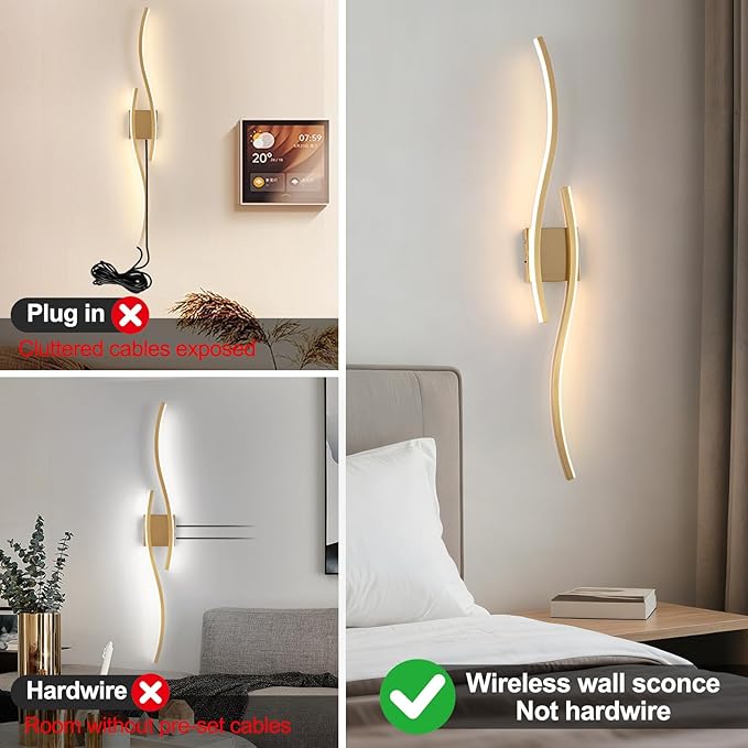 Modern LED Wall Sconce Set of Two, Dimmable Battery Powered Wall Sconces, 3000K-6500K Wireless Wall Light, Rechargeable Wall Lamp Indoor not Hardwired for Room Bedroom Corridor, 39.3in(Gold)