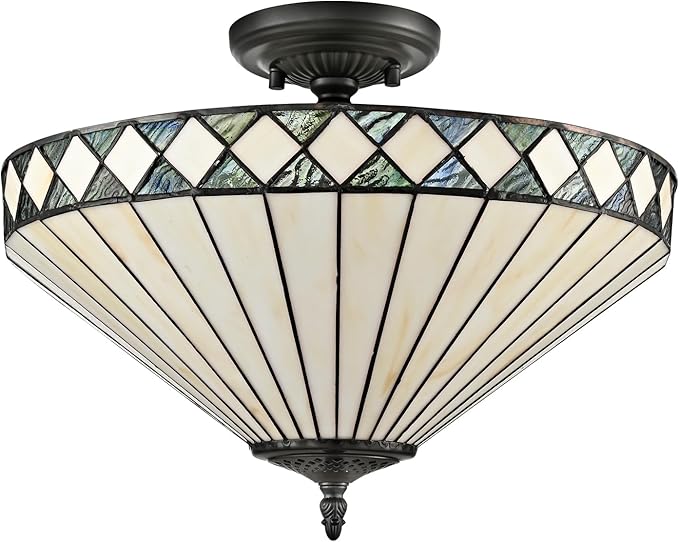 DEYNITE Tiffany Style Ceiling Light Stained Glass Shade, 3-Light Black Semi-Flush Light Fixture 16 Inches for Bedroom Hallway Dining-Dimmable, E26 Base