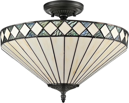 DEYNITE Tiffany Style Ceiling Light Stained Glass Shade, 3-Light Black Semi-Flush Light Fixture 16 Inches for Bedroom Hallway Dining-Dimmable, E26 Base