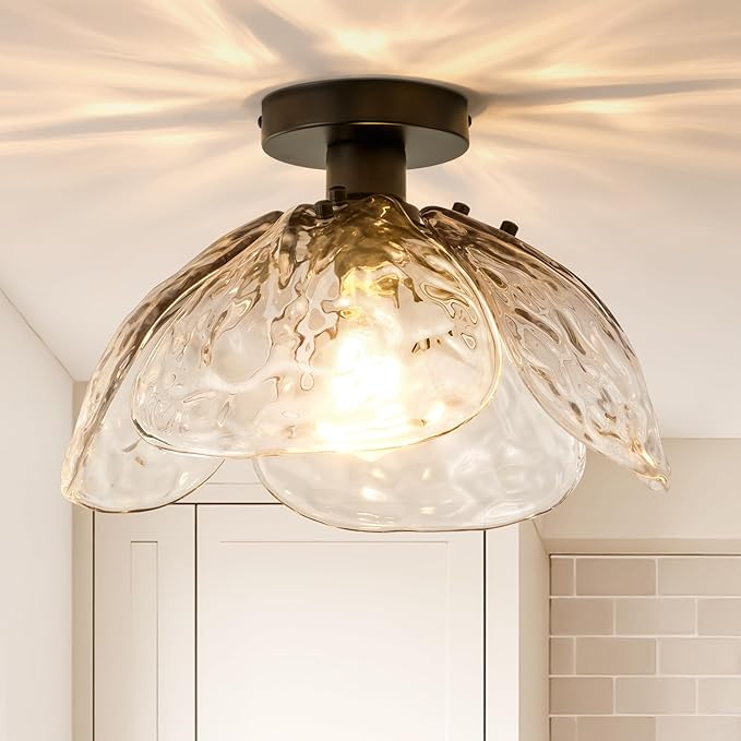 Vintage Semi Flush Mount Ceiling Light,Black Ceiling Light Fixtures with Gradient Smoke Gray Handmade Leaf Glass for Bedroom,Kitchen,Hallway,Entryway
