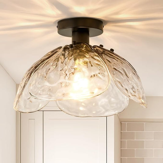 Vintage Semi Flush Mount Ceiling Light,Black Ceiling Light Fixtures with Gradient Smoke Gray Handmade Leaf Glass for Bedroom,Kitchen,Hallway,Entryway