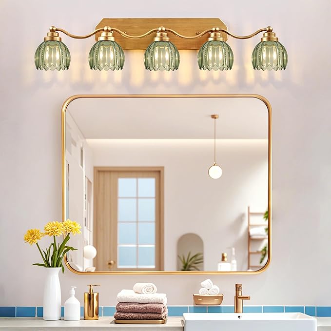 Vintage Bathroom Light Fixtures, Bathroom Lighting Fixtures Over Mirror, Gold Matte Antique Brass Finish with Green Crystal Glass Shade, Wall Sconces Lighting for Bedroom, Living Room (Green, 5-Light)