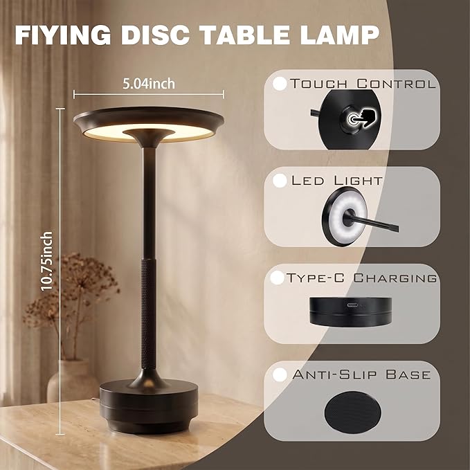 Rechargeable Cordless Table Lamp Set of 2, Portable Battery Operated LED Table Light, 3 Color Stepless Dimming with Touch Sensor for Outdoor Restaurant Dining Room Bedroom Living Room,Black