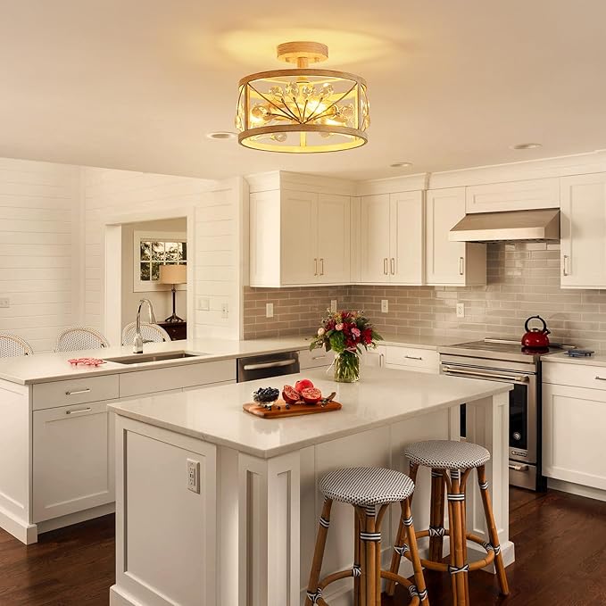 WUZUPS Crystal Leaf Chandelier 3-Light Vintage Farmhouse Industrial Semi-Flush Mount Ceiling Light Lighting Fixture for Foyer Hallway Storage Room Kitchen Bathroom, H 8.5" W 12", Antique White