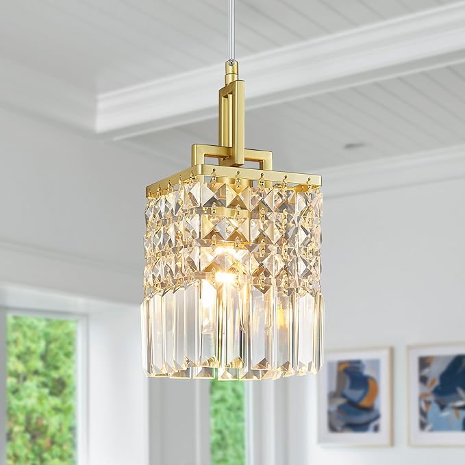 Modern Crystal Pendant Light Kitchen Island Farmhouse Lamp Adjustable Height Hanging Lighting Square Gold Chandelier Suitable for Kitchen Island Dining Room and Bedroom(3Pack)