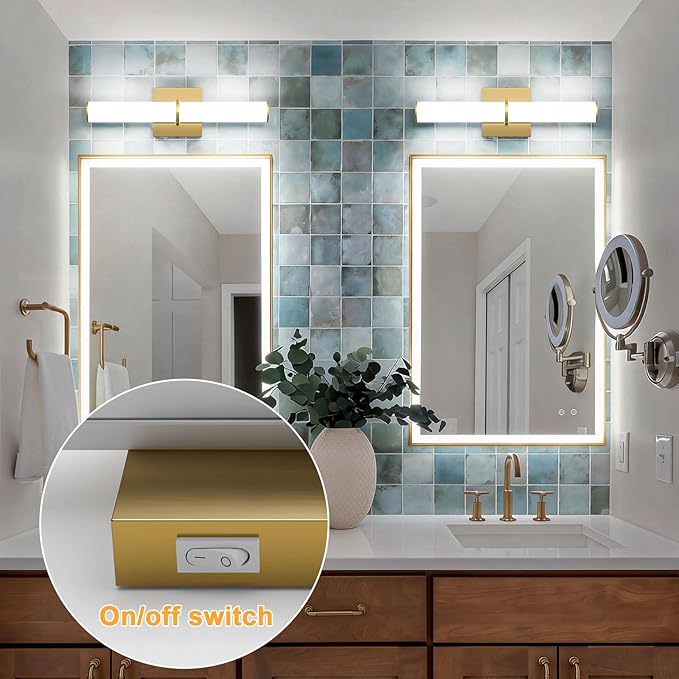 OOWOLF 17.3Inch Modern Vanity Light Fixture with Switch, 12W 5000K Led Bathroom Light Fixture Over Mirror, Hardwired, 1200LM Gold Vanity Light Bar for Mirror Bedroom Hallway Living Room