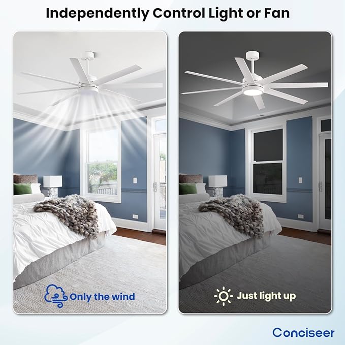 Modern Ceiling Fans with Lights, 65 Inch Ceiling Fan with Light and Remote for Bedroom Living Room Kitchen Office, Indoor/Outdoor Use, 24W 3CCT 8 Blades 6 Speed Reversible Quiet DC Motor, White