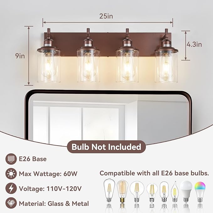 Lanhall 4-Light Bronze Bathroom Light Fixtures Over Mirror, Modern Bathroom Vanity Light with Clear Glass Shade, Wall Sconce for Bathroom Hallway Cabinet Bedroom