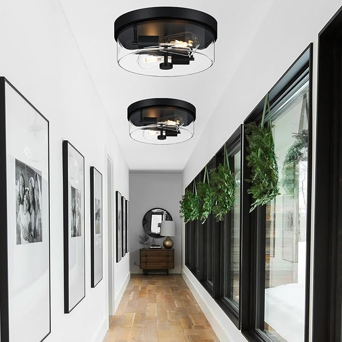Flush Mount Ceiling Light Fixtures, 2-Light Black Ceiling Mount for Farmhouse with Clear Glass Lampshade, Industrial Flush Mount Light Fixture for Hallway, Kitchen, Entryway and Foyer