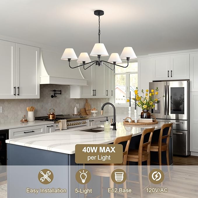 31.5" Black Chandelier, 5-Light Farmhouse Modern Chandeliers with White Fabric Shade, Classic Ceiling Light Fixture, Adjustable Pendant Light for Kitchen Island Dining Room Bedroom Entryway Foyer