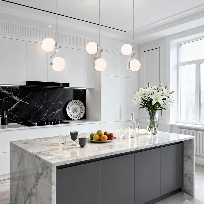 Mid Century Modern Pendant Light for Kitchen Island, 7.1 Inch Opal Glass Globe Hanging Light with Chrome Finish, Adjustable Height, E26 Base, Dining Room Ceiling Lighting