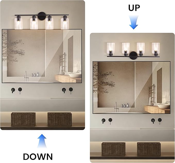 4-Light Bathroom Light Fixtures, Vanity Light with Clear Glass Shades, Matte Black Bathroom Light Fixtures Over Mirror, Modern Bathroom Wall Lamp for Mirror Living Room Cabinet Bedroom Wall Sconces