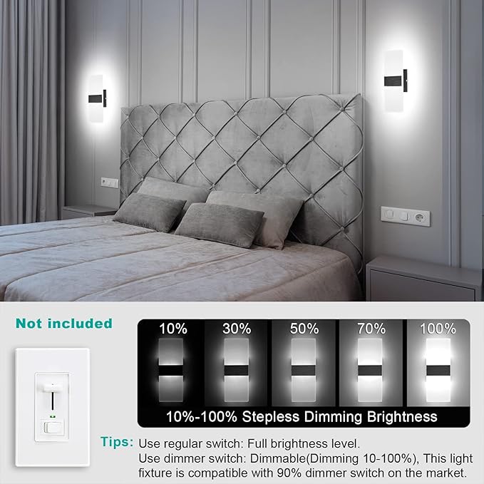TRLIFE Dimmable Wall Sconces, Modern Wall Sconces Set of 2 Hardwired Wall Mounted Lights 12W 6000K Cool White LED Wall Sconce Lighting for Bedroom Bedside Living Room Bathroom Stairway(2 Pack, Black)