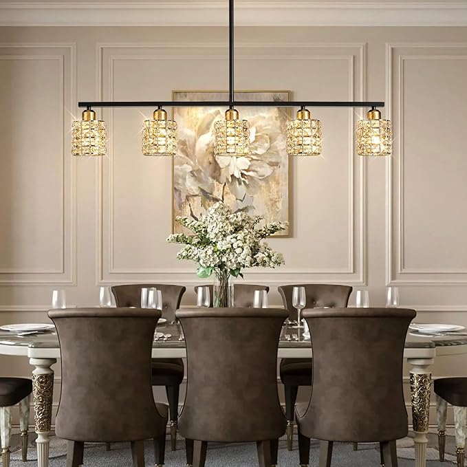 5-Light Linear Crystal Chandelier, Black and Gold Dining Room Light Fixtures Over Table, Adjustable Height Farmhouse Pendant Lights Kitchen Island for Dining Room