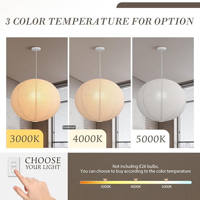 Large Rice Paper Pendant Light Kit, 20in White Globe Paper Lantern Lights, E26 Base, Japanese Hanging Lantern Lamp Japandi Chandelier for Dining Room Bedroom Office Living Room