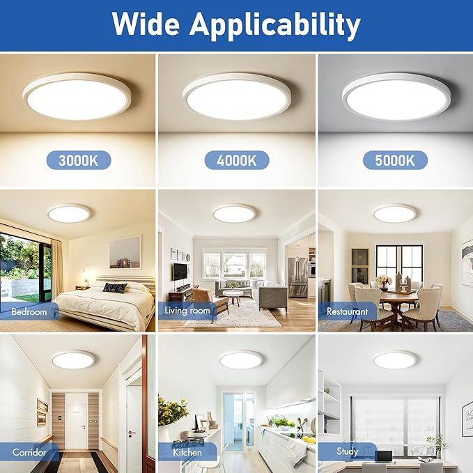 12 Inch Slim Dimmable LED Flush Mount Ceiling Light Fixtures, 24W 2640LM 3000K/4000K/5000K, House Upgrade Led Lights for Bedroom Hallway Laundry Room Rental Units, 240W Equiv., White