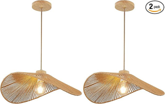 Boho Rattan Pendant Light Fixture Modern Style Hanging Light Bohia Natural Bamboo Handmade2-Light Hanging Lamp for Farmhouse Bedroom Living Room Dining Room S Size