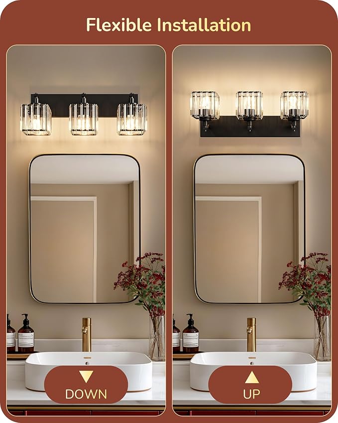EDISHINE Bathroom Vanity Light Fixtures, 3-Light 20.47'' Crystal Bathroom Lighting Fixtures Over Mirror, Modern Wall Sconce for Powder Room, Bedroom, E26 Base, Black