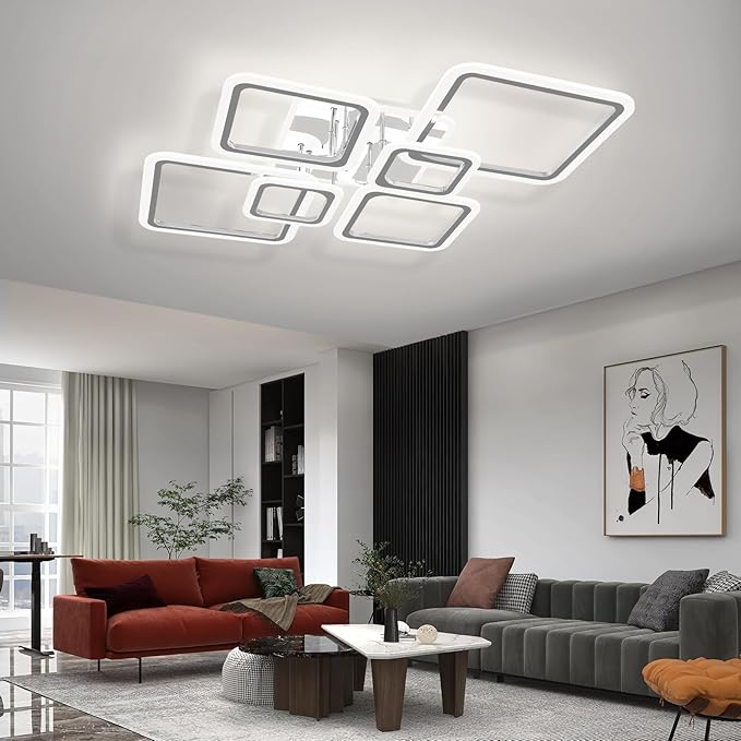Modern LED Ceiling Lights for Bedroom 40.2'' Dimmable Square 6+1 Rings Ceiling Lights for Living Room with Remote Control 130W for Kitchen,Balcony, Bedroom, Chrome