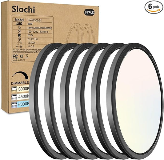 slochi 6PACK LED Black Flush Mount Ceiling Light Fixture, 12Inch 28W Ceiling Light, Dimmable & 3000K/4500K/6000K 3 Color Adjustable Round Ceiling Lights 3200LM for Kitchen Bedroom