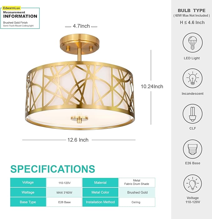 3-Light Semi Flush Mount Ceiling Light, 12.6" Drum Light with White Fabric Shade, Modern Close to Ceiling Lamp for Living Room Bedroom Dining Kitchen Hallway Entry Foyer (Brushed Gold)