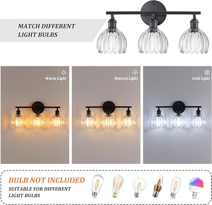 Shenmoyl Bathroom Light Fixtures, 3-Light Black Vanity wall Light Over Mirror with Clear Tulip Glass Shade for Bedroom Living Room (Bulb Not Included)