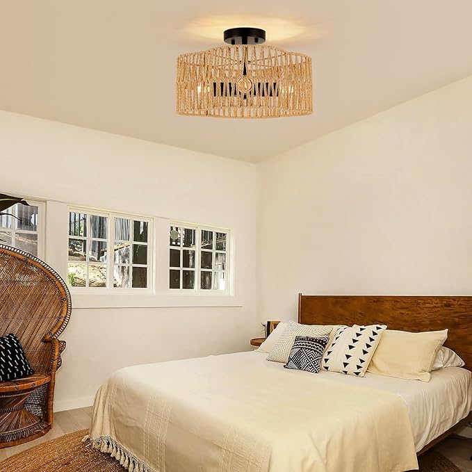 13.4" Boho Light Fixtures Flush Mount,Modern 4-Light Rattan Ceiling Light Fixtures,Flower-Shaped Close to Ceiling Light Fixture for Bedroom Nursery Hallway Kichen Room