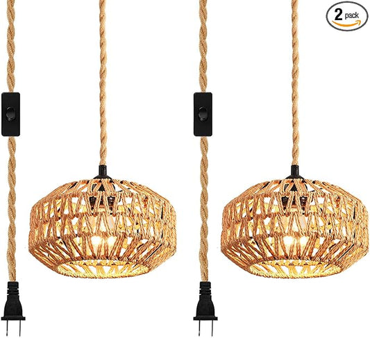 2 Pack Plug in Pendant Light Rattan Hanging Lamp with Switch,Mini Rattan Boho Semi Flush Mount Ceiling Light,Hand Woven Hallway Light Fixtures for Bedroom Entryway