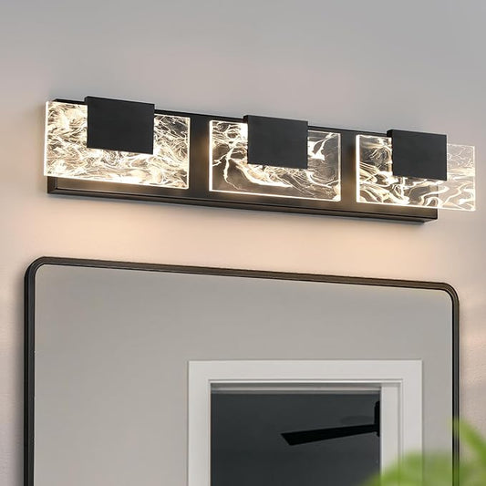 LED Bathroom Vanity Light: 24in Matte Black Acrylic Modern Lighting Fixtures - 3-Light Contemporary Smoke Design Wall Lights Fixture Over Mirror 3000K