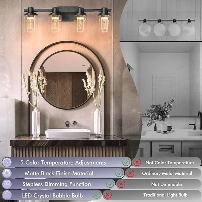 Quntis 4-Light Black Bathroom Light Fixtures with 5 Color Modes, 27 Inch Dimmable Modern Vanity Lighting Fixture Over Mirror, 28 Watts Eye Protection LED Wall Lamp (UL Certified, Bulbs Included)