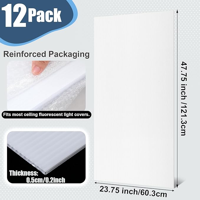 Pushglossy 12 Pack 23.75" x 47.75" x 0.2" Fluorescent Light Covers Polycarbonate Diffuser Panels Replacement for 2x4ft Drop Ceiling Light Fixture for Classroom Office Commercial Use (Milky White)