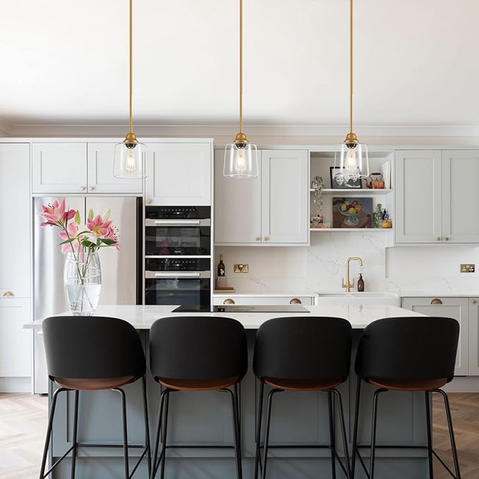 VILUXY Gold Glass Pendant Light for Kitchen Island,1 Light Hanging Pendant Lighting Fixture Clear Glass Shade Mini Modern Farmhouse Ceiling Light for Dining Room, Over Sink