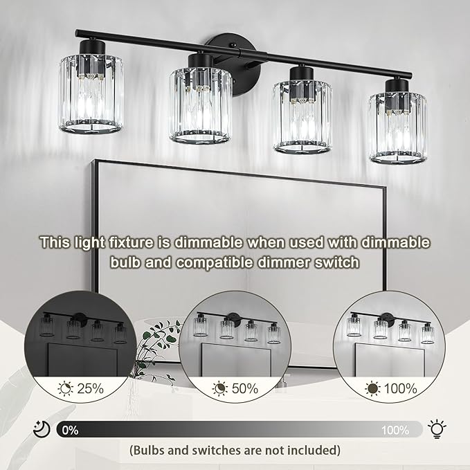 Crystal Bathroom Light Fixtures, Bathroom Lighting Fixtures Over Mirror, Modern Black 4-Light Vanity Lights for Mirror, Restroom, Bedroom (Ceramic E26 Socket,Bulbs Not Include)