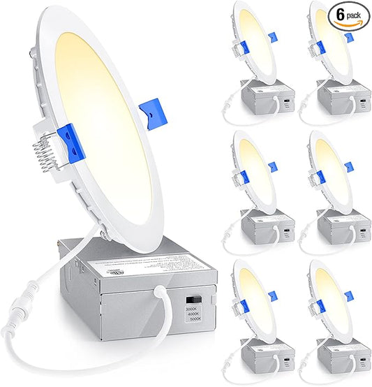 Ensenior 6 Pack 6 Inch LED Recessed Light, Dimmable, 3000K-5000K 3CCT, 1200LM High Brightness, 12W 120V, 3 Pin, ERL-12X-ETL, Damp Rated, Ultra-Thin Canless Wafer Ceiling Light - ETL & FCC & IC