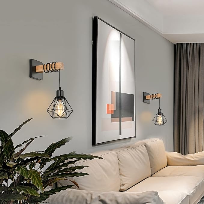 Rustic Wall Sconces Fixtures with Plug in Cord, Set of Two Indoor Vintage Rattan Wall Light Industrial Lamp Fixture Farmhouse Metal Sconces Light for Bedroom Bedside Living Room