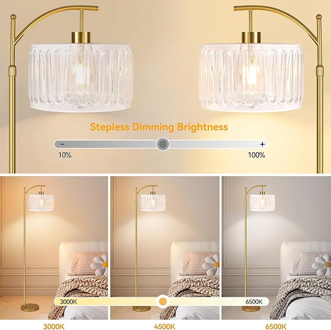 QIYIZM Glass Floor Lamp for Living Room,Bedroom,Gold Dimmable Standing Lamp with Remote,Brass White Tall Lamp Boho Mid Century Modern Floor Lamps Arc Floor Light Lamp Girls Kids Bohemian