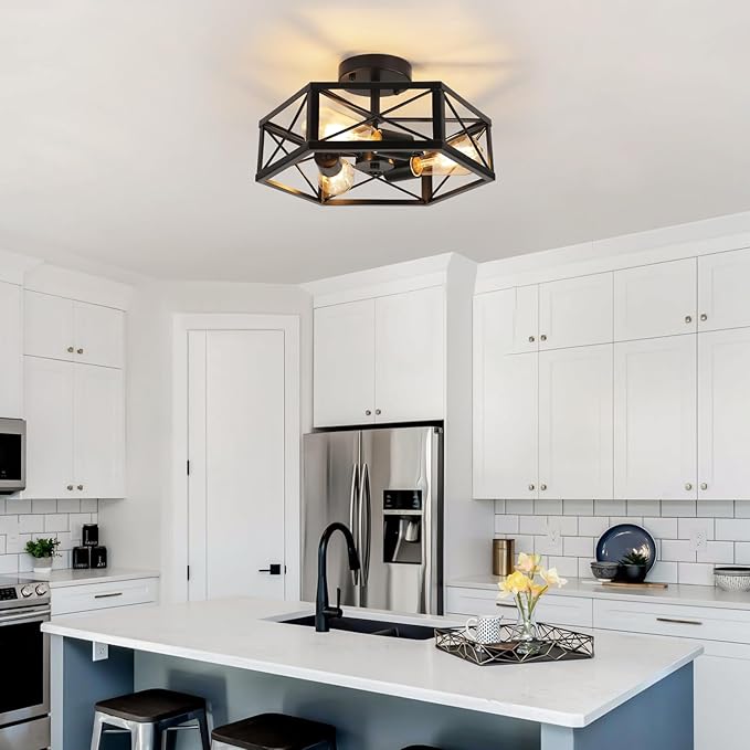 WILON Black Flush Mount Ceiling Light for Kitchen Hallway - 3-Light Industrial Close to Ceiling Lighting Farmhouse Metal Cage Light Fixtures Ceiling Mount for Foyer Kitchen Living Room(E26 Socket)