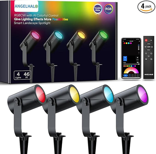 ANGELHALO Smart Landscape Spotlights, 4 Pack RGBW Pathway Lights, 2000LM Dimmable, IP65 Waterproof, Compatible with Alexa, Outdoor Decoration