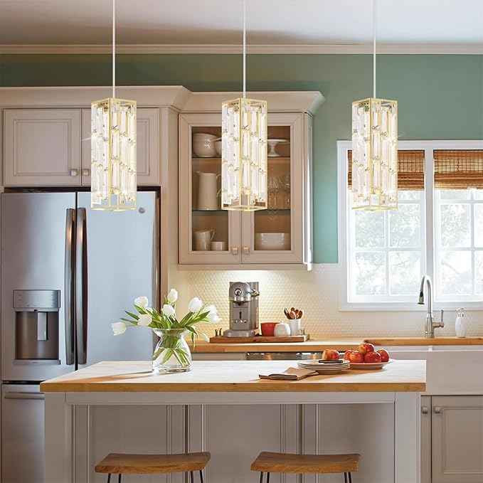 Brass Pendant Lights Modern Pendant Light Fixture, Mini Crystal Pendant Ceiling Light, Pendant Light for Kitchen Island, Dinning Room, Bedroom, Kitchen Sink Lighting (3-Pack)